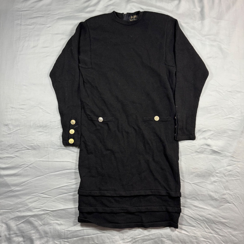 Vintage Don Sayres for Wellmore Wool Knit Dress Black Gold Buttons Women's 6 USA